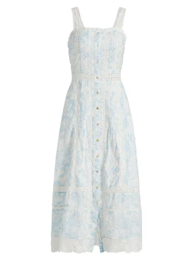 Loveshackfancy Women's Judalon Lace-trimmed Pintuck Midi-dress In Blue