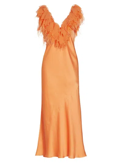 Loveshackfancy Manota Ruffled Crepe And Feather-trimmed Charmeuse Maxi Dress In Tangerine