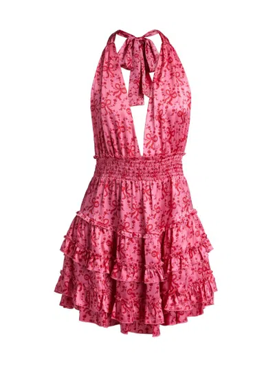 Loveshackfancy Women's Quintelle Floral-bow Print Ruffle Halter Minidress In Red