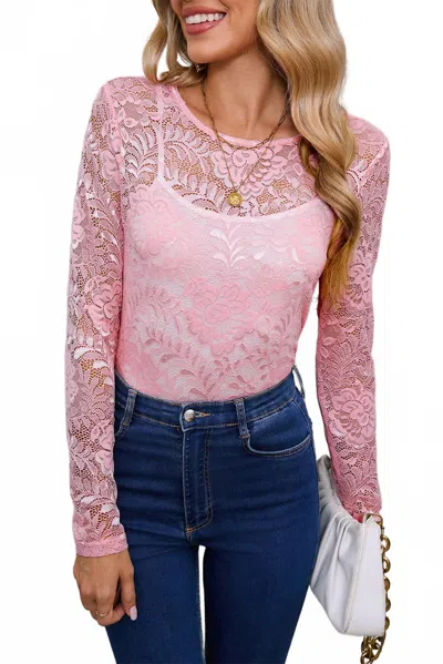 Lovesoft Blossom Floral Lace Sheer Long Sleeve Top In Pink