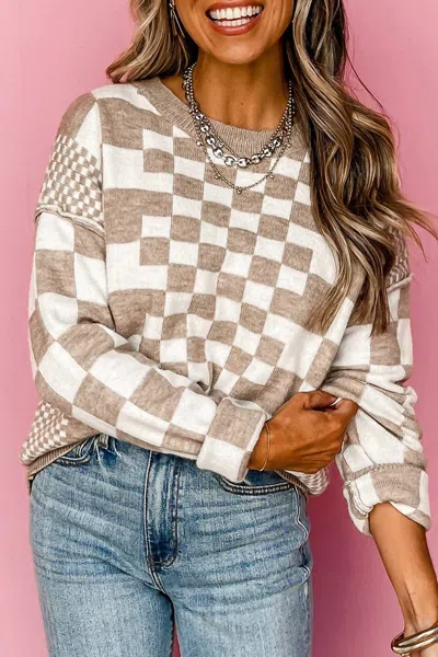 Lovesoft Checkered Drop Shoulder Sweater In Khaki In Green