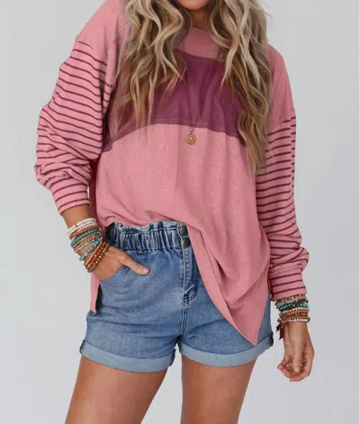 Lovesoft Clashing Stripe Bishop Sleeve Top In Peach Blossom In Multi