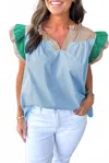Lovesoft Colorblock Ruffled Sleeve Frill V-neck Blouse In Mist Blue In Blue