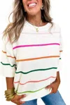 Lovesoft Colorblock Striped Half Sleeve Sweater In White In White