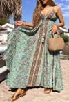 Lovesoft Floral Print V Neck Ruffled Trim Backless Tassel Waist Maxi Dress In Green In Green