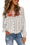 Lovesoft Long Sleeve Embroidered Print Blouse In White In White