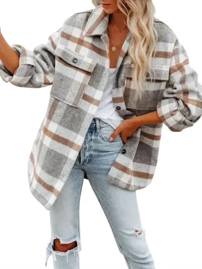 Lovesoft Plaid Button Down Shacket In Light Gray In Multi