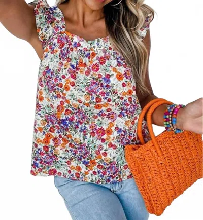 Lovesoft Rose Red Floral Square Neck Flutter Tank Top In Pink In Multi