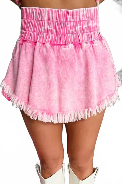 Lovesoft Smocked Waistband Frayed Denim Skort In Pink