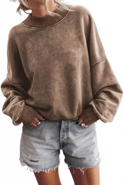 Lovesoft Solid Color Drop Shoulder Pullover Sweatshirt In Brown