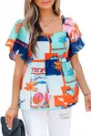 Lovesoft Tropical Printed Square Neck Babydoll Blouse In Blue In Multi