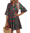 Lovesoft V Neck Short Dress In Green & Pink In Multi