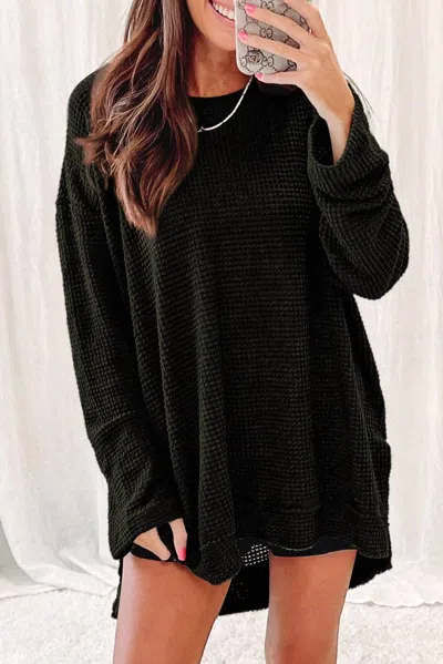 Lovesoft Waffle Knit High Slits Long Sleeve In Black