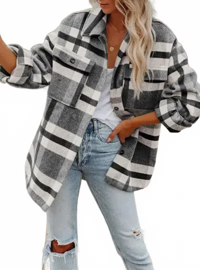 Lovesoft Women's Plaid Button Flannel Shacket In Black White Grey In Multi