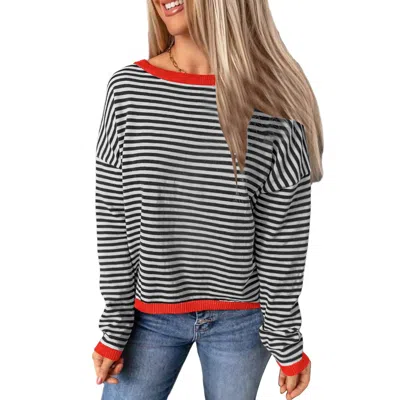 Lovesoft Women's Striped Drop Shoulder Sweater In Black Red