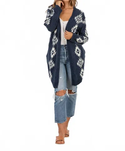 Lovestitch Beautiful Southwestern Open Front Cardigan In Indigo/ Off White In Blue