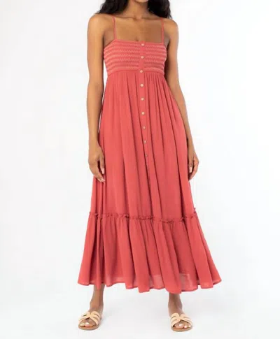 Lovestitch Bohemian Smocked Button Front Maxi Dress In Burnt Sienna In Pink