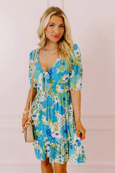 Lovestitch Buzz Of The Town Floral Babydoll Dress In Ocean Blue In Animal Print
