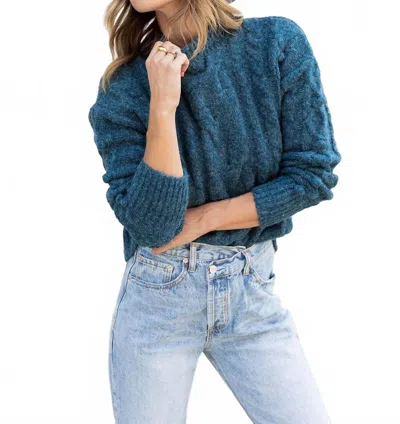 Lovestitch Cable Knit Mock Neck Cozy Sweater In Teal In Blue