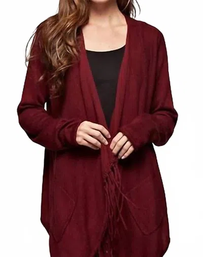 Lovestitch Cashmere Blend Waterfall Fringe 2 Pocket Cardigan In Cabarnet In Red