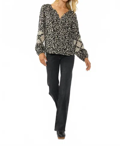 Lovestitch Embroidered Cuff Raglan Blouse In Black/natural In Multi