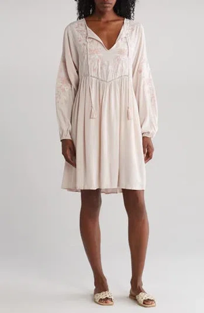 Lovestitch Embroidered Long Sleeve Linen Blend Dress In Blush/rose