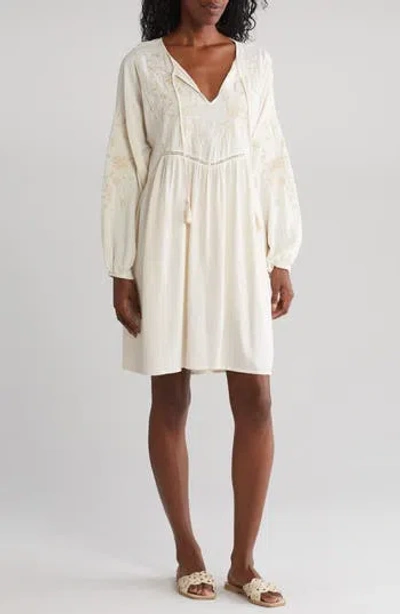 Lovestitch Embroidered Long Sleeve Linen Blend Dress In Vanilla/sand