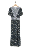 Lovestitch Embroidered Print Maxi Dress In Navy/ Powder Blue