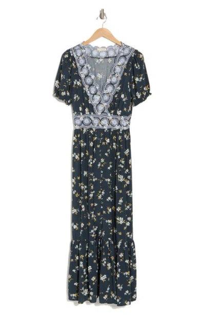 Lovestitch Embroidered Print Maxi Dress In Blue