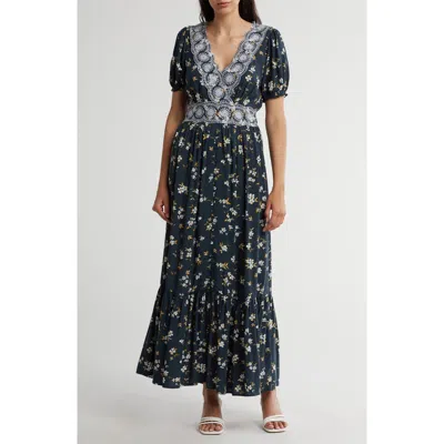 Lovestitch Embroidered Print Maxi Dress In Navy/powder Blue