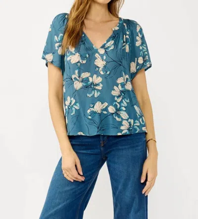 Lovestitch Finley Floral Shirred Split Neck Top In Teal Blue