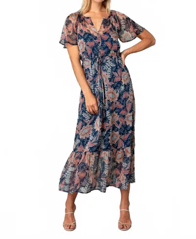 Lovestitch Floral Chiffon Flutter Sleeve Tiered Maxi Dress In Navy/rust In Multi