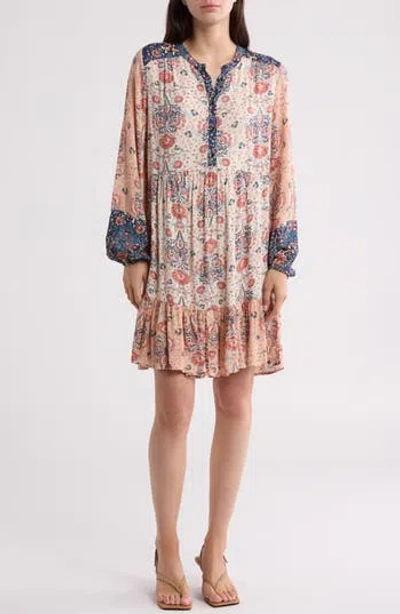 Lovestitch Floral Colorblock Long Sleeve Dress In Ivory/coral