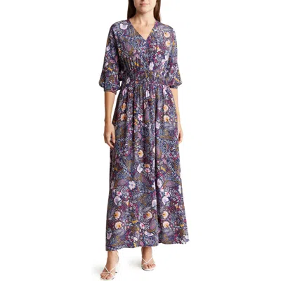 Lovestitch Floral Dolman Sleeve Maxi Dress In Navy/berry