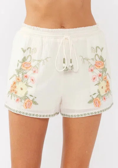Lovestitch Floral Embroidered Drawstring Smocked Waist Short In Cream/coral In Multi