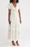 Lovestitch Floral Flutter Sleeve Button Front Tiered Maxi Dress