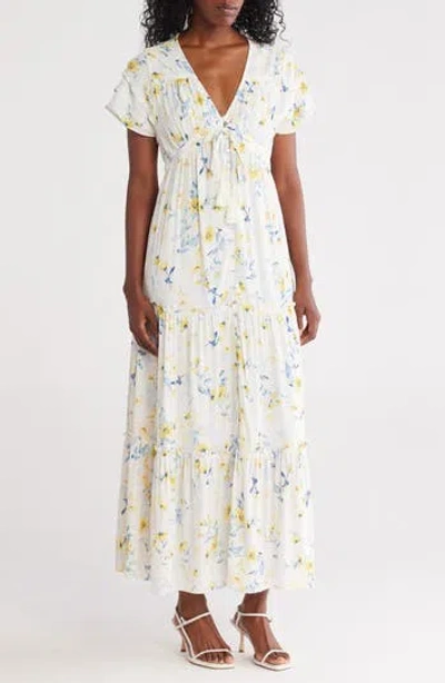 Lovestitch Floral Flutter Sleeve Button Front Tiered Maxi Dress In Cream/ Yellow