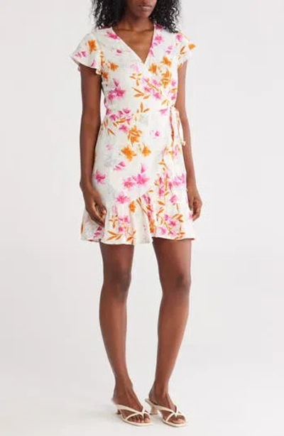 Lovestitch Floral Flutter Sleeve Wrap Dress In Ivory/ Fuschia