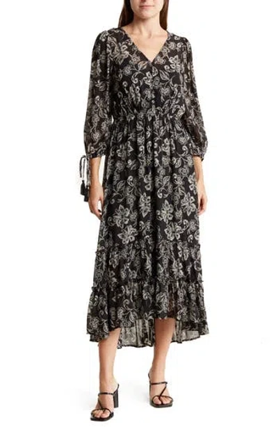 Lovestitch Floral High-low Dress In Black/natural