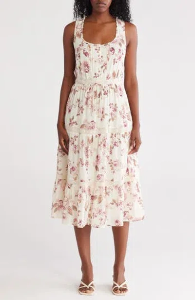 Lovestitch Floral Lace Trim Sleeveless Tiered Midi Dress