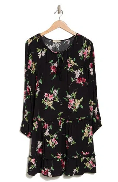 Lovestitch Floral Long Sleeve Shift Dress In Black/red