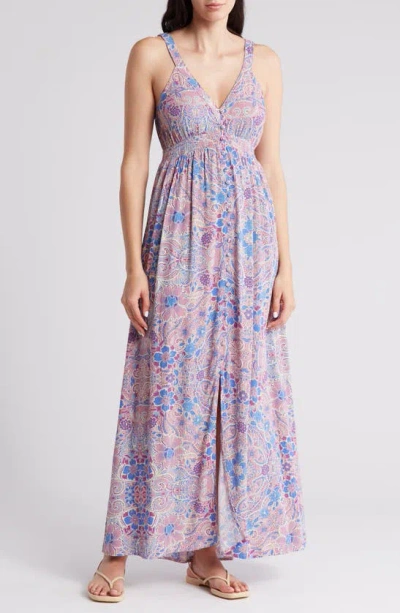 Lovestitch Floral Paisley Empire Waist Maxi Dress In Dusty Rose/ Blue