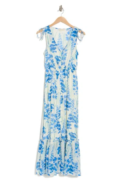 Lovestitch Floral Print Sleeveless Maxi Dress In Cream/ Blue