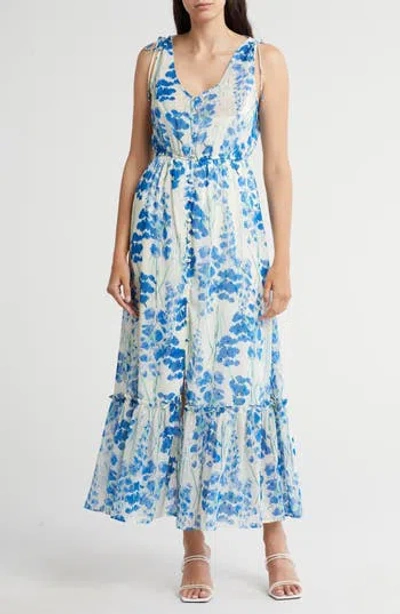 Lovestitch Floral Print Sleeveless Maxi Dress In Cream/blue
