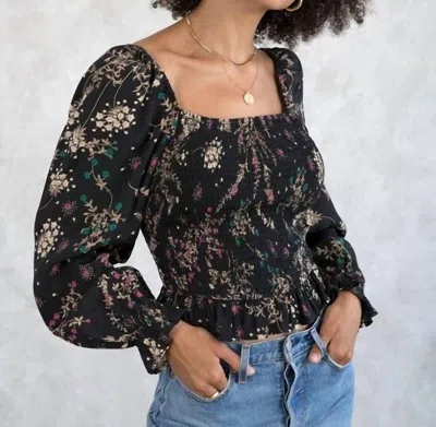 Lovestitch Floral Print Smocked Crop Top In Black