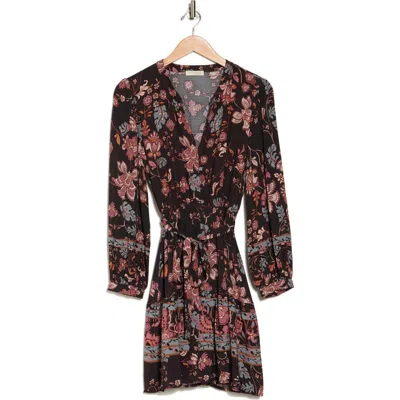 Lovestitch Floral Tie Waist Long Sleeve Dress In Brown/dusty Lilac