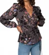 Lovestitch Floral Tie Waist Wrap Top In Grey/ Dusty Blue In Gray