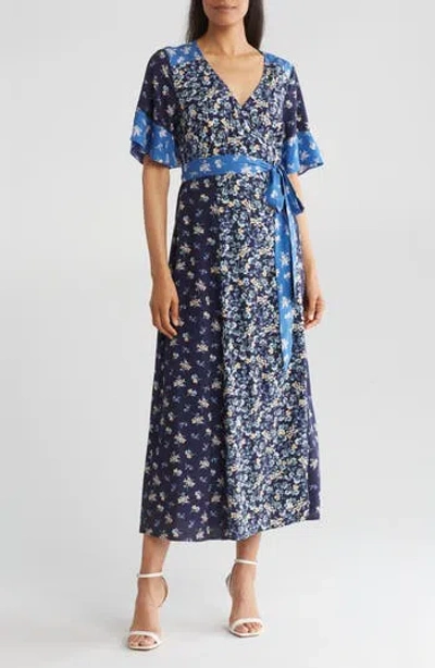Lovestitch Floral Wrap Midi Dress In Navy/coral