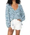 Lovestitch Geo Print Bishop Long Sleeve Split Neck Blouse In Ivory/ Denim