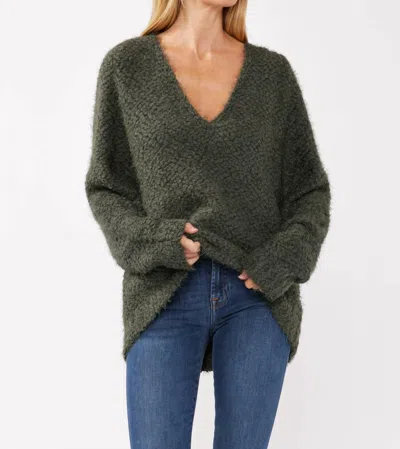 Lovestitch Hi-low Fuzzy Pullover Sweater In Olive In Green